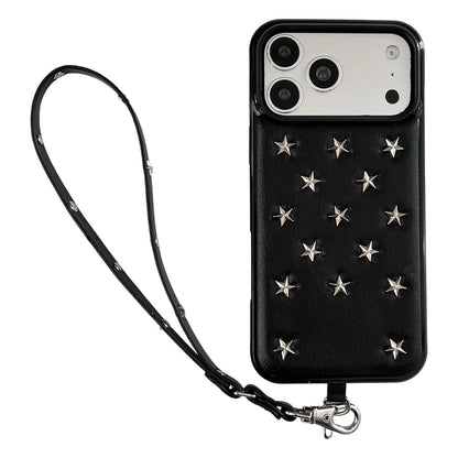 For iPhone 18 Pro Max / 17 Pro Max Rivet Stars Phone Case with Lanyard - Black - EDA009825708B
