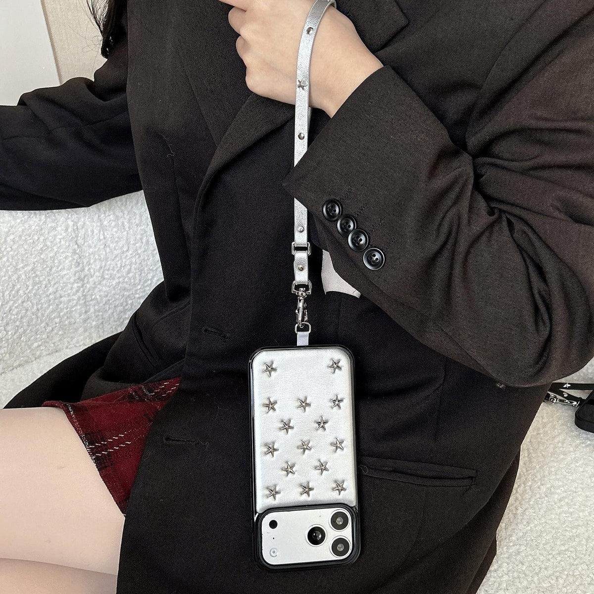 For iPhone 16 Rivet Stars Phone Case with Lanyard - Black - EDA009825703B