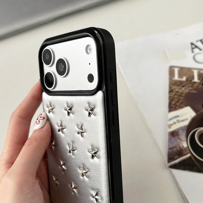 For iPhone 16 Pro Max Rivet Stars Phone Case with Lanyard - Silver - EDA009825705A