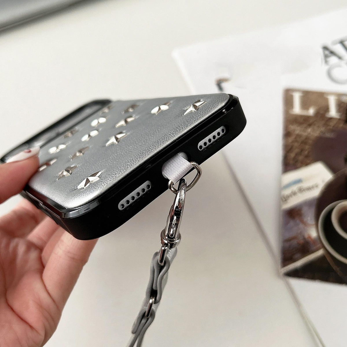 For iPhone 18 Pro Max / 17 Pro Max Rivet Stars Phone Case with Lanyard - Silver - EDA009825708A