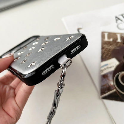 For iPhone 16 Rivet Stars Phone Case with Lanyard - Black - EDA009825703B