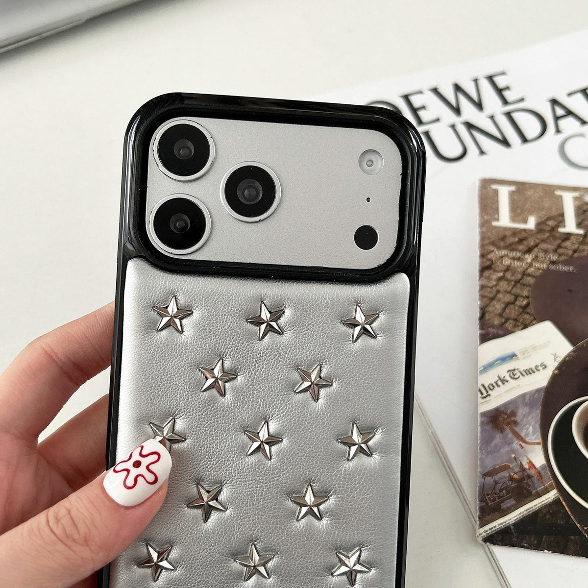 For iPhone 14 Pro Max Rivet Stars Phone Case - Silver - EDA009825801A