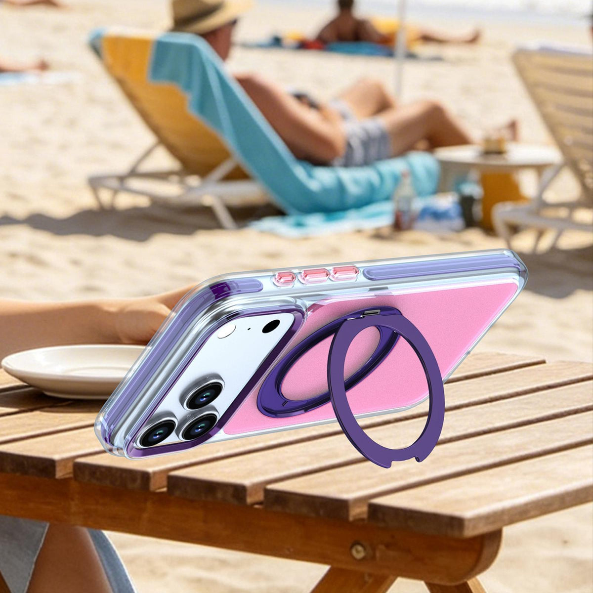 For iPhone 16 Pro Max Two-tone Contrast Rotating Bracket Phone Case - Pink - EDA009830404D