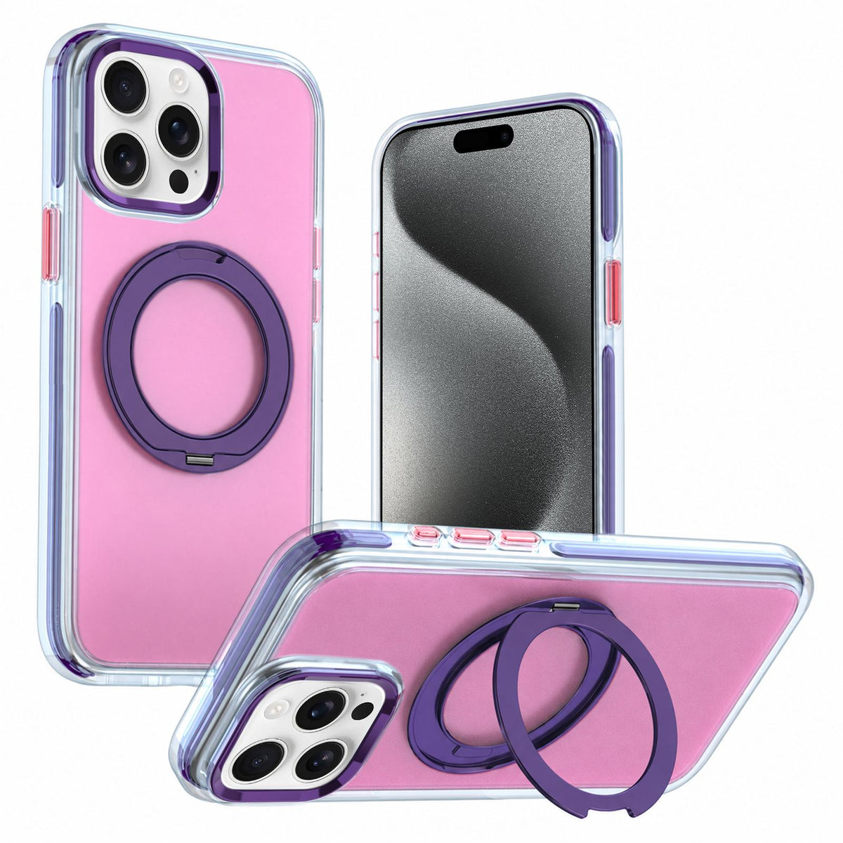 For iPhone 15 Pro Max Two-tone Contrast Rotating Bracket Phone Case - Pink - EDA009830407D