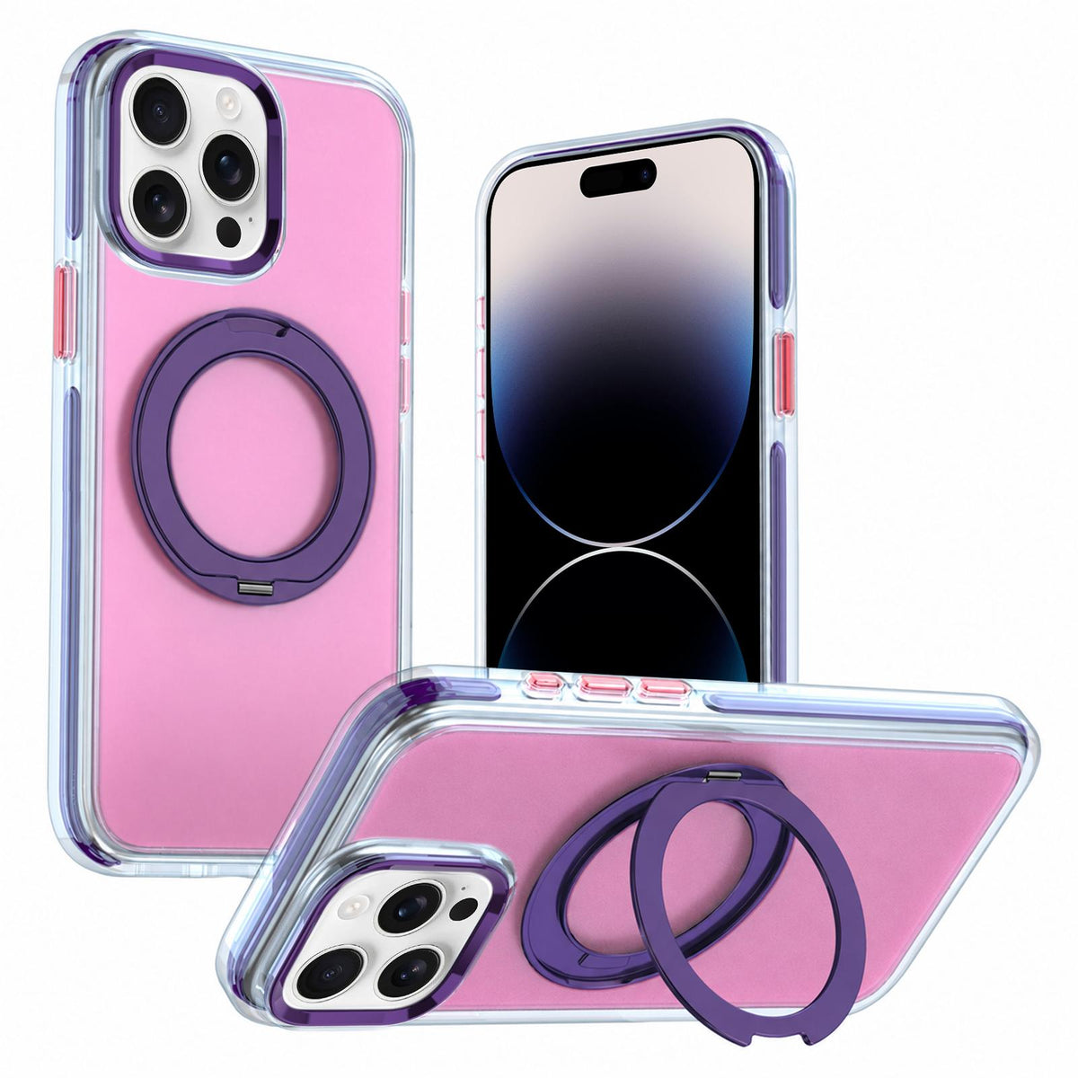 For iPhone 14 Pro Two-tone Contrast Rotating Bracket Phone Case - Pink - EDA009830409D