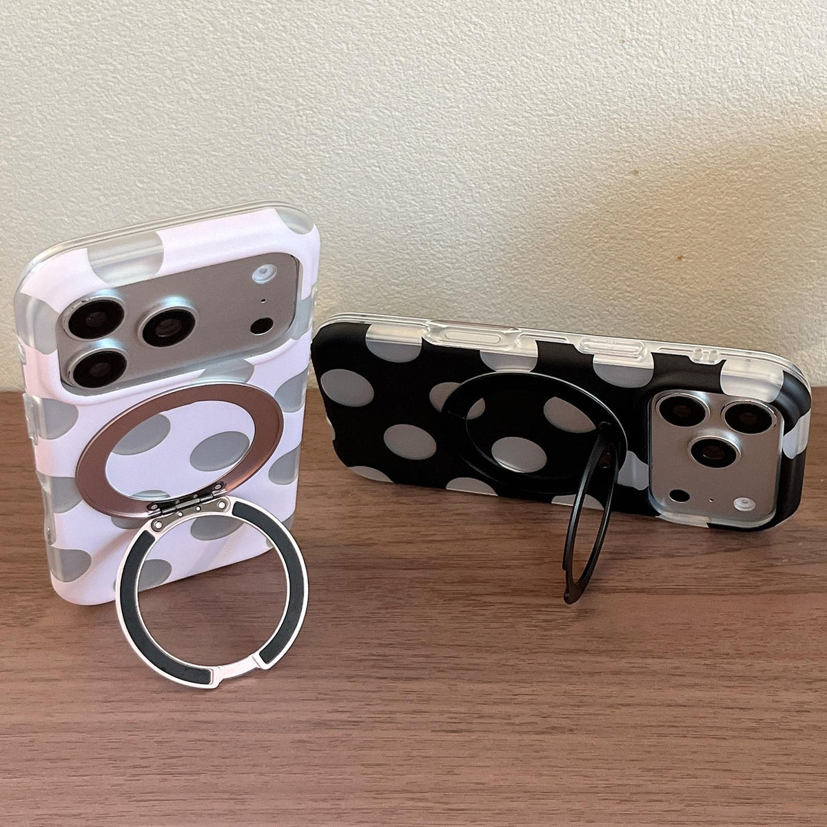 For iPhone 14 Pro Max Dot Pattern 360 Ring Holder Magnetic Phone Case - Black - EDA009831412B