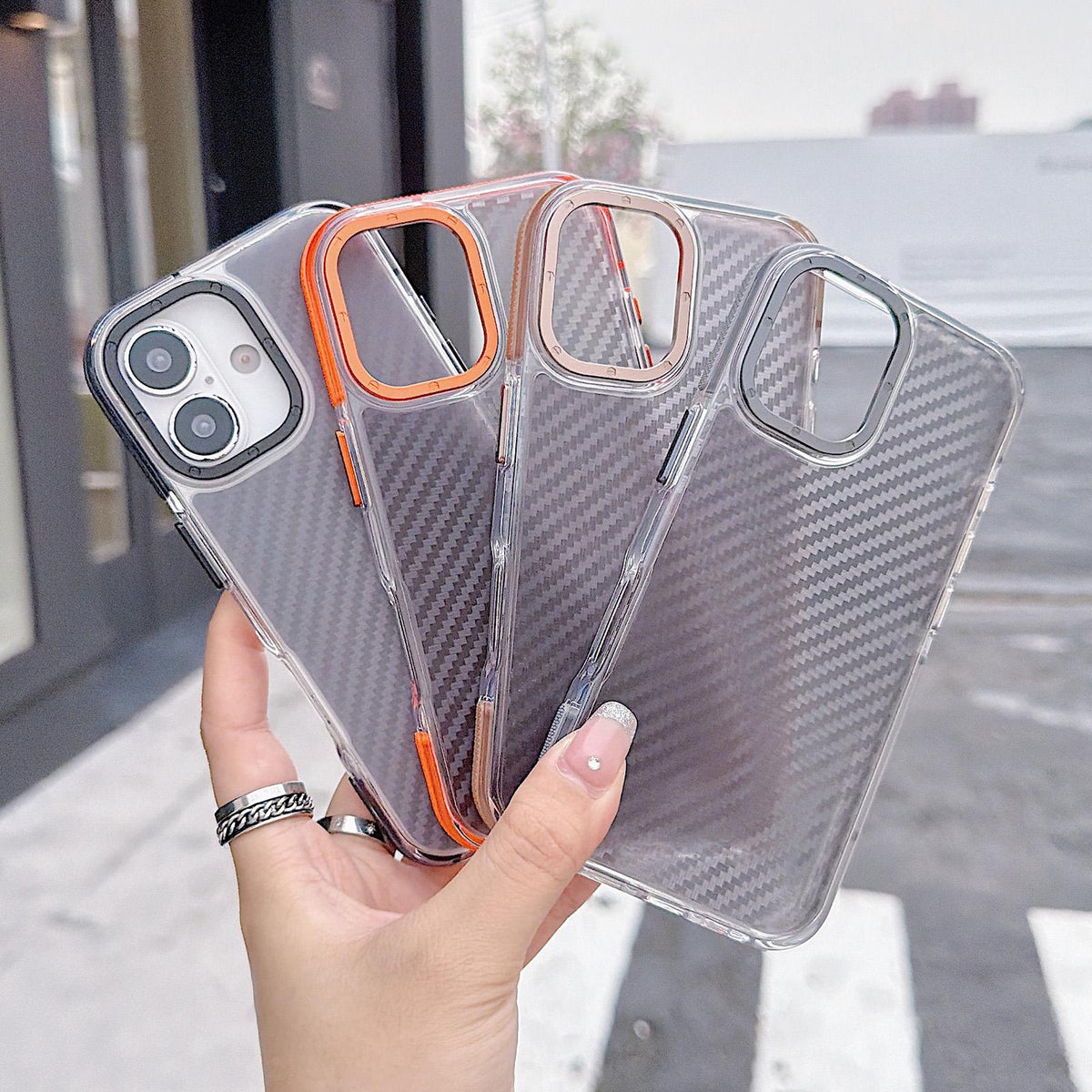 For iPhone 17 Dual-Color Carbon Fiber Texture Acrylic Hybrid TPU Phone Case - Orange - EDA009831603A