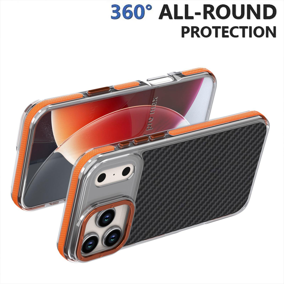 For iPhone 18 Pro Max Dual-Color Carbon Fiber Texture Acrylic Hybrid TPU Phone Case - Orange - EDA009831607A