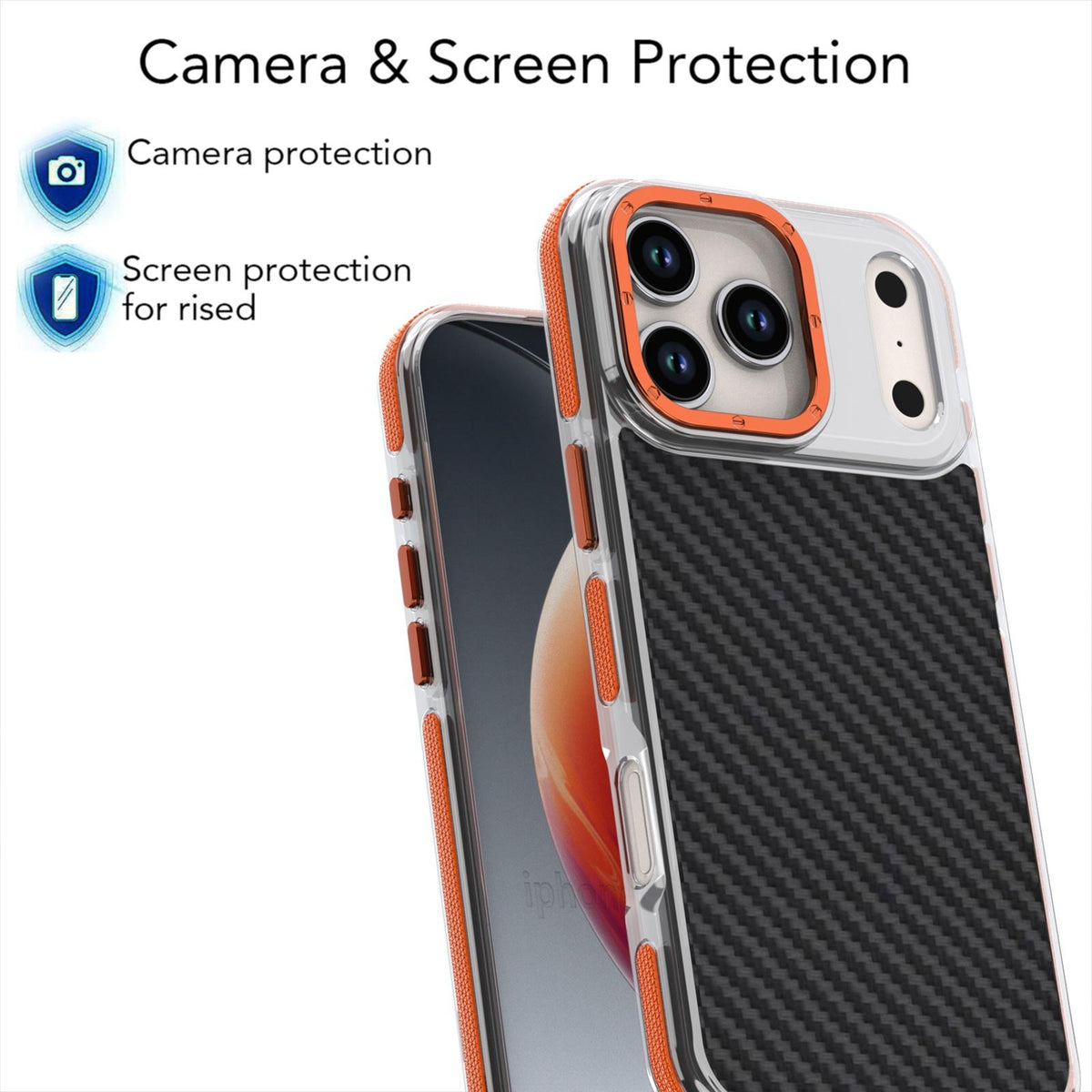 For iPhone 18 Pro Max Dual-Color Carbon Fiber Texture Acrylic Hybrid TPU Phone Case - Orange - EDA009831607A
