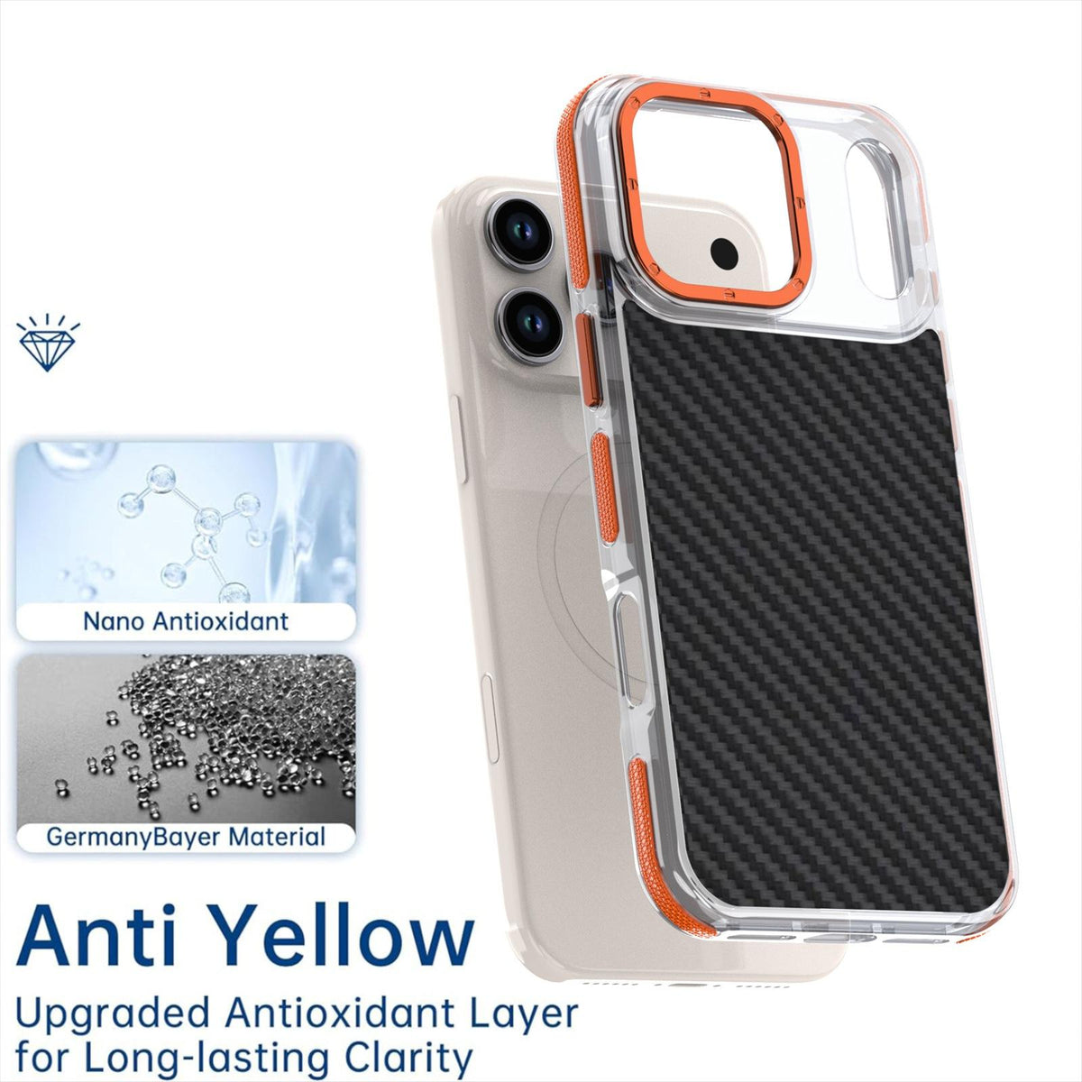 For iPhone 18 Pro Max Dual-Color Carbon Fiber Texture Acrylic Hybrid TPU Phone Case - Orange - EDA009831607A