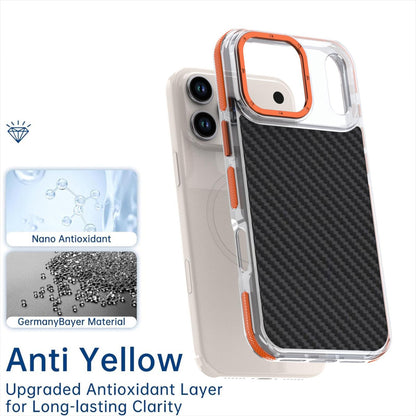 For iPhone 18 Pro Max Dual-Color Carbon Fiber Texture Acrylic Hybrid TPU Phone Case - Orange - EDA009831607A
