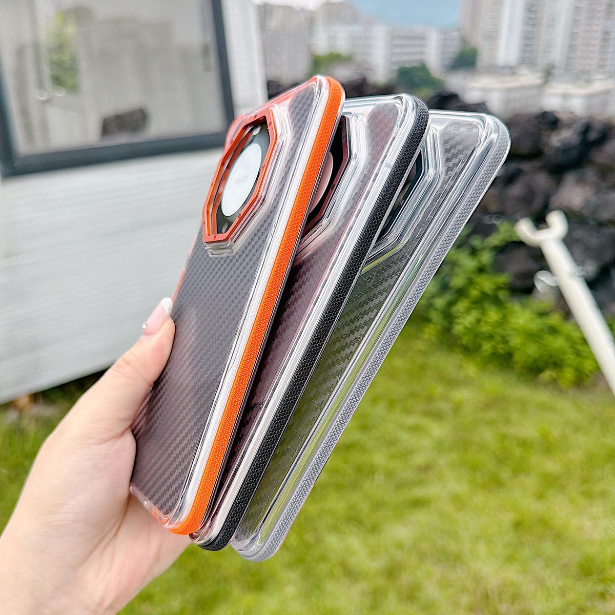 For Huawei Mate 60 Pro Dual-Color Carbon Fiber Texture Acrylic Hybrid TPU Phone Case - Orange - EDA009831702A
