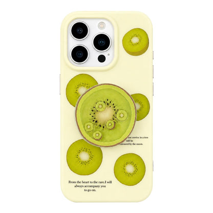 For iPhone 16 Pro Max Kiwi Fruit Pattern Matte Dual-Layer Shockproof Phone Case with Holder - Beige - EDA009831804A
