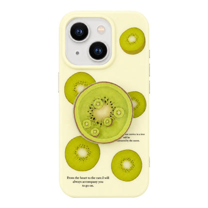 For iPhone 15 Kiwi Fruit Pattern Matte Dual-Layer Shockproof Phone Case with Holder - Beige - EDA009831809A