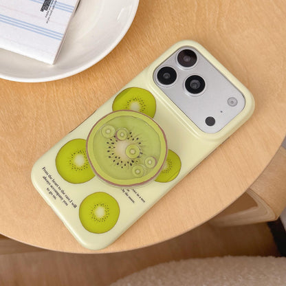 For iPhone 16 Pro Max Kiwi Fruit Pattern Matte Dual-Layer Shockproof Phone Case with Holder - Beige - EDA009831804A
