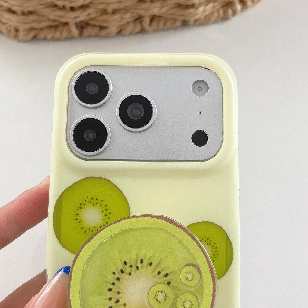 For iPhone 15 Kiwi Fruit Pattern Matte Dual-Layer Shockproof Phone Case with Holder - Beige - EDA009831809A