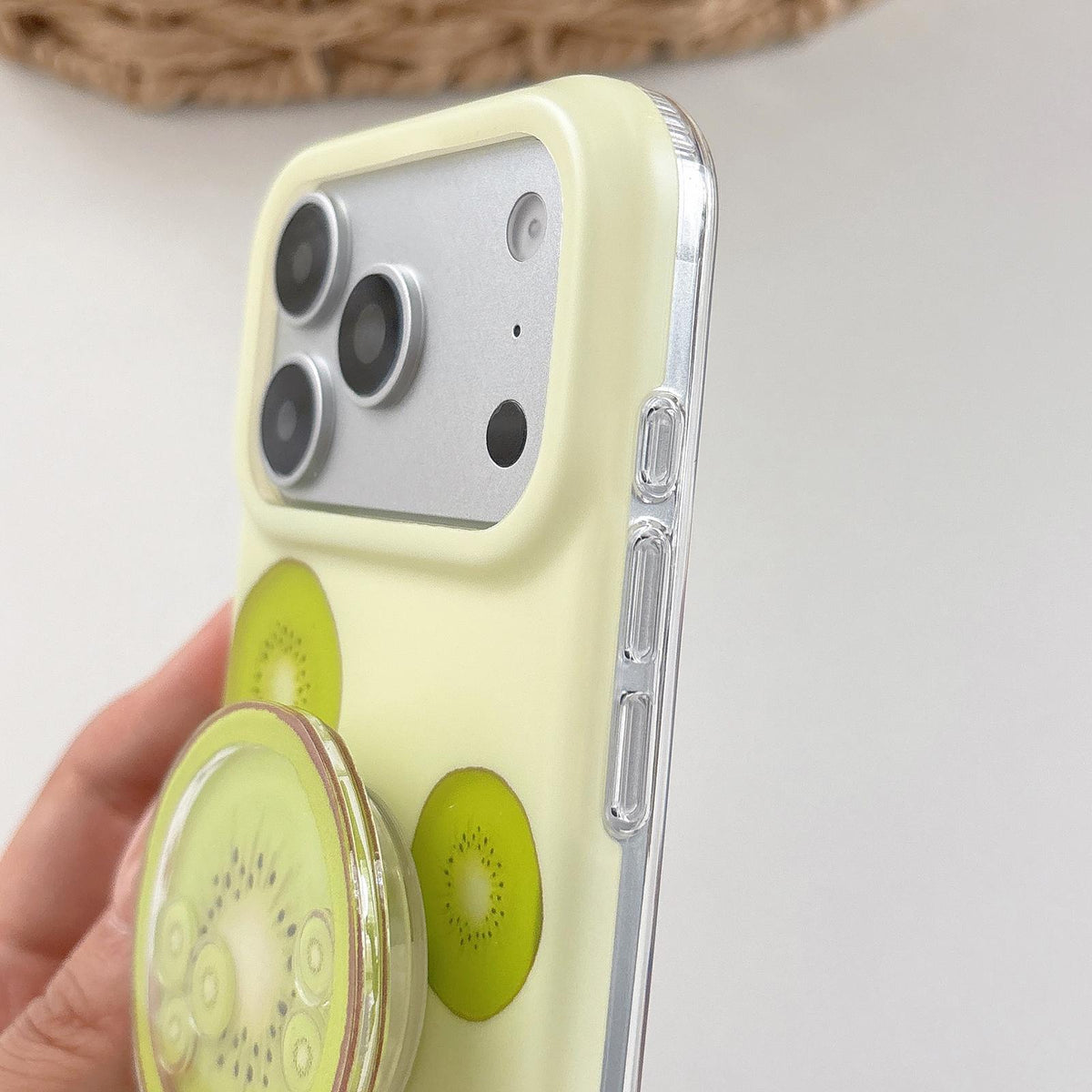 For iPhone 15 Kiwi Fruit Pattern Matte Dual-Layer Shockproof Phone Case with Holder - Beige - EDA009831809A