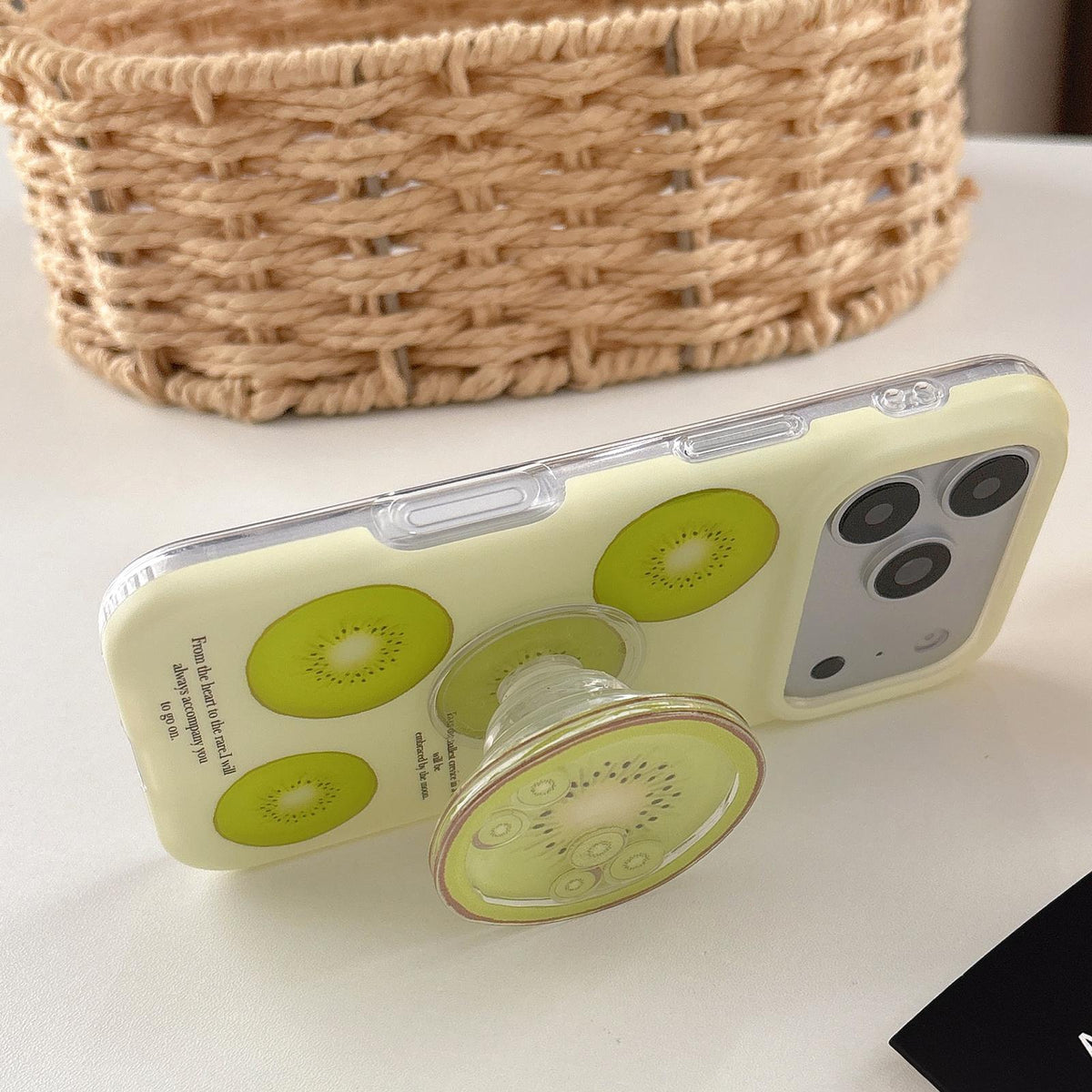 For iPhone 17 Kiwi Fruit Pattern Matte Dual-Layer Shockproof Phone Case with Holder - Beige - EDA009831803A