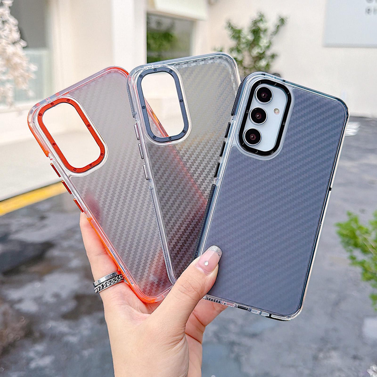 For Galaxy A54 5G Dual-Color Carbon Fiber Texture Acrylic Hybrid TPU Phone Case - Orange - EDA009832106A