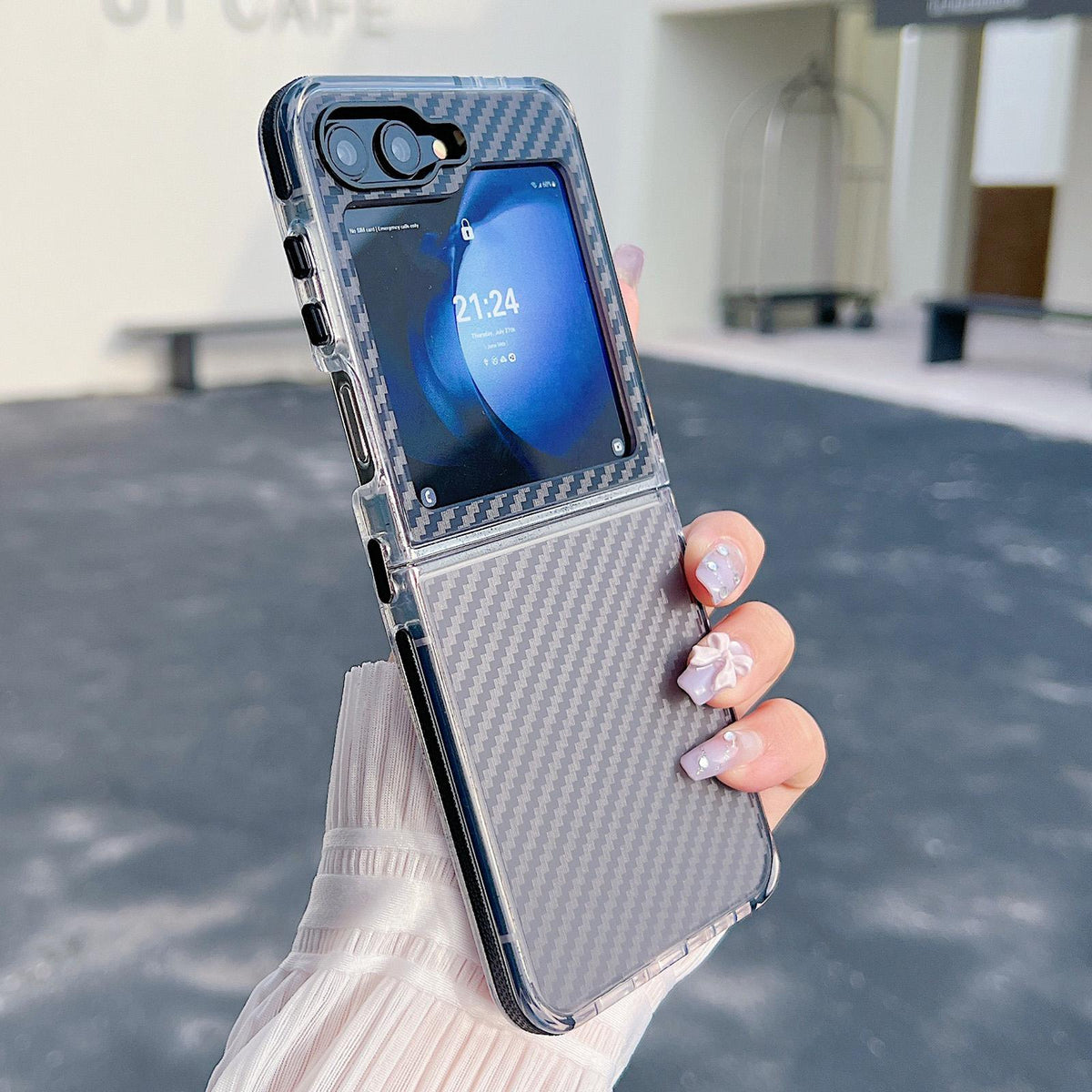 For Galaxy Z Flip6 / Flip7 FE Dual-Color Carbon Fiber Texture Acrylic Hybrid TPU Phone Case - Black - EDA009832203B