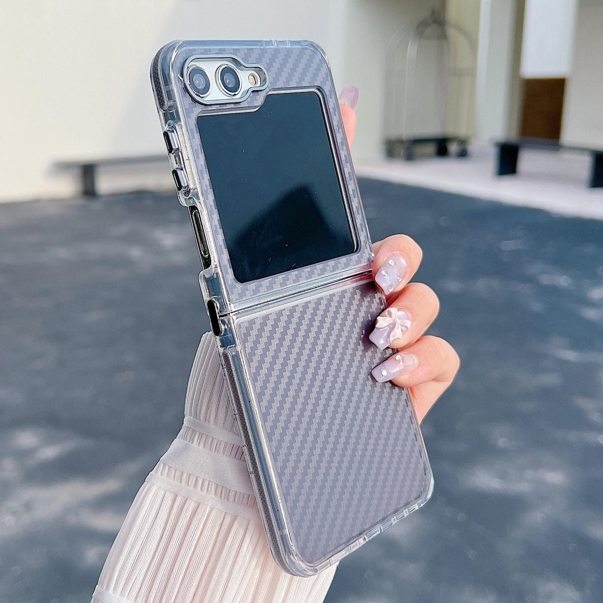 For Galaxy Z Flip6 / Flip7 FE Dual-Color Carbon Fiber Texture Acrylic Hybrid TPU Phone Case - Gray - EDA009832203C