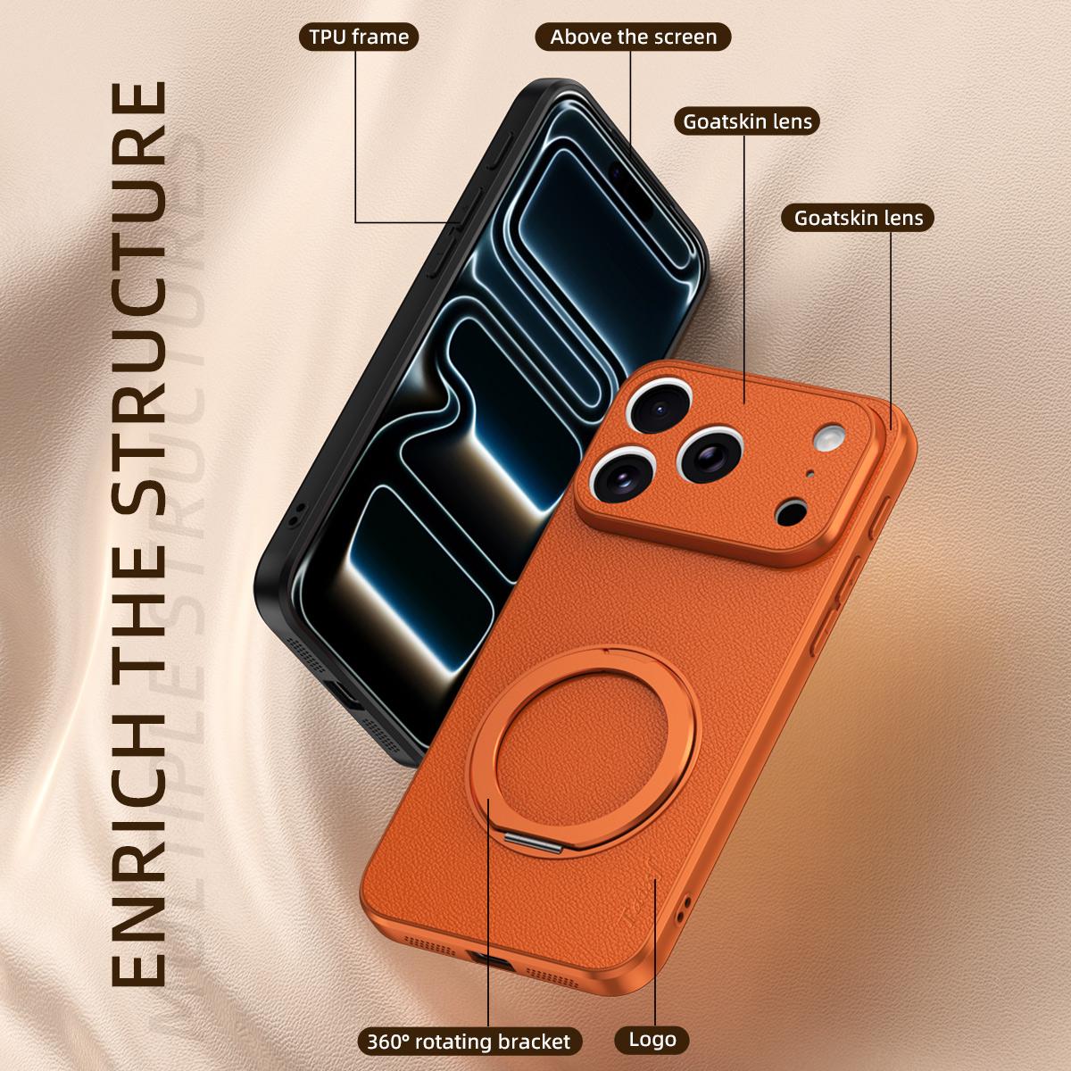 For iPhone 17 Pro Max Goatskin Vegan Leather Magnetic Phone Case  With 360 Degree Rotating Holder - Orange - EDA009834503A