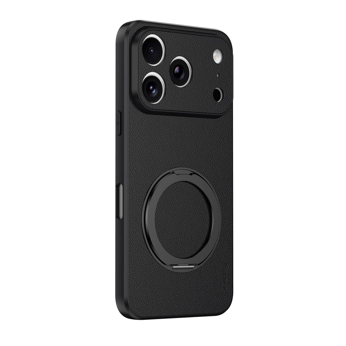 For iPhone 17 Pro Max Goatskin Vegan Leather Magnetic Phone Case  With 360 Degree Rotating Holder - Black - EDA009834503B