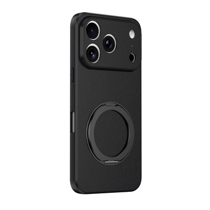 For iPhone 17 Pro Max Goatskin Vegan Leather Magnetic Phone Case  With 360 Degree Rotating Holder - Black - EDA009834503B