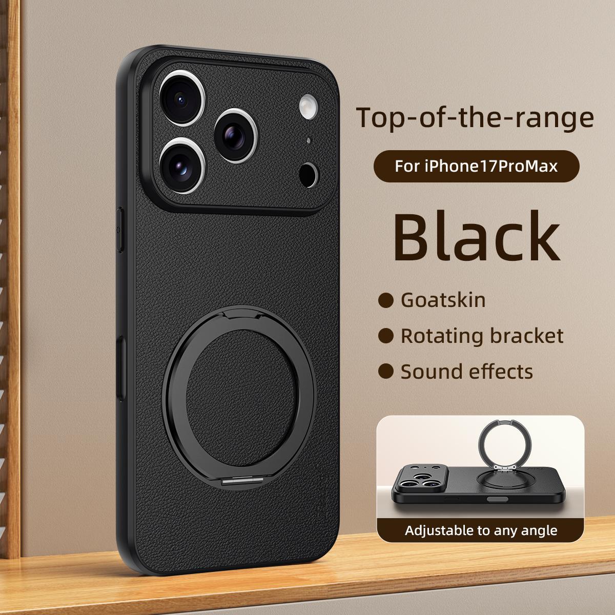 For iPhone 17 Pro Max Goatskin Vegan Leather Magnetic Phone Case  With 360 Degree Rotating Holder - Black - EDA009834503B