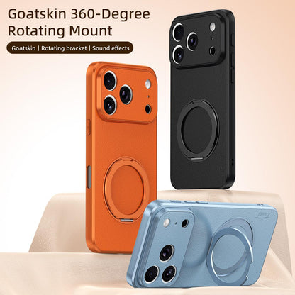 For iPhone 17 Pro Max Goatskin Vegan Leather Magnetic Phone Case  With 360 Degree Rotating Holder - Black - EDA009834503B
