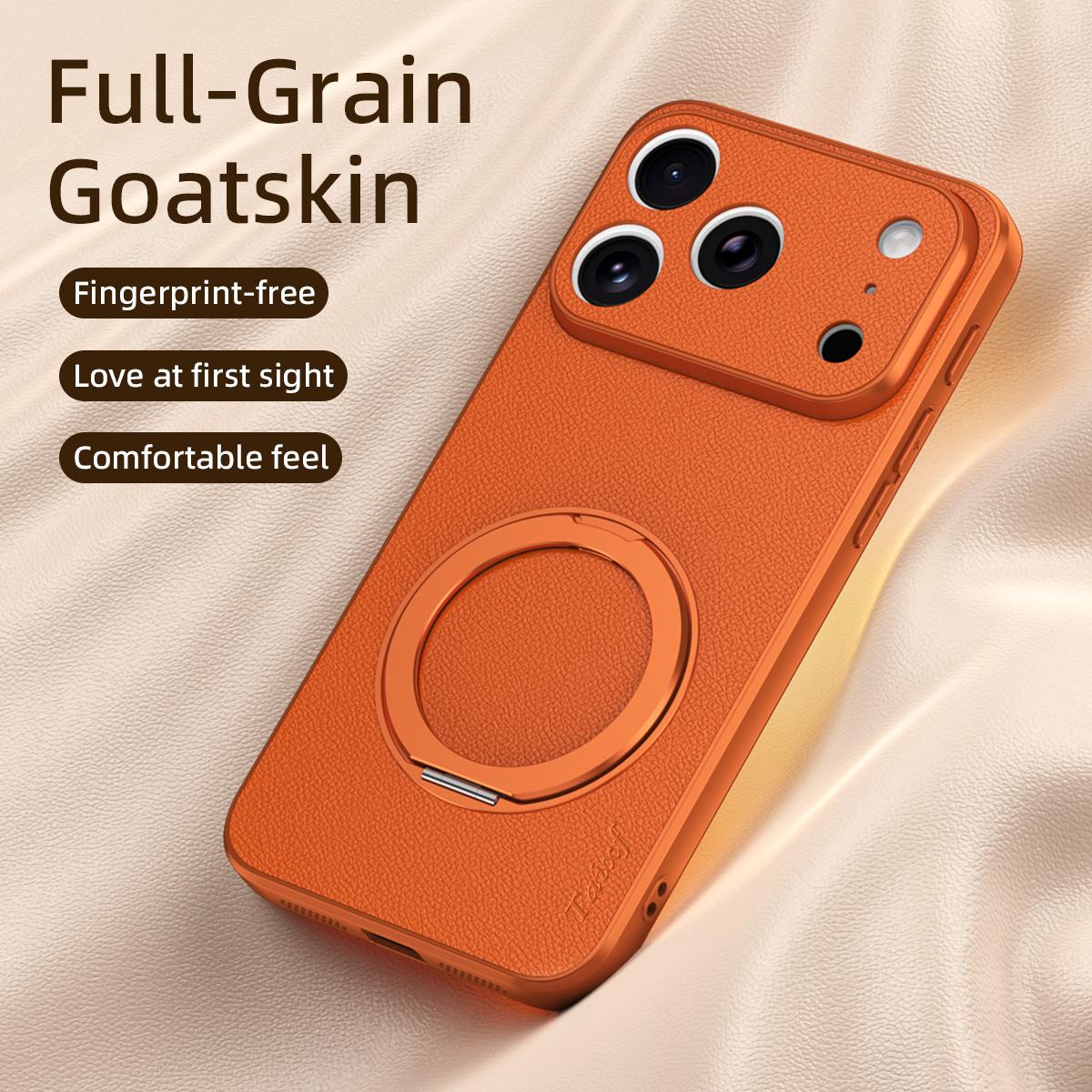 For iPhone 17 Pro Max Goatskin Vegan Leather Magnetic Phone Case  With 360 Degree Rotating Holder - Black - EDA009834503B