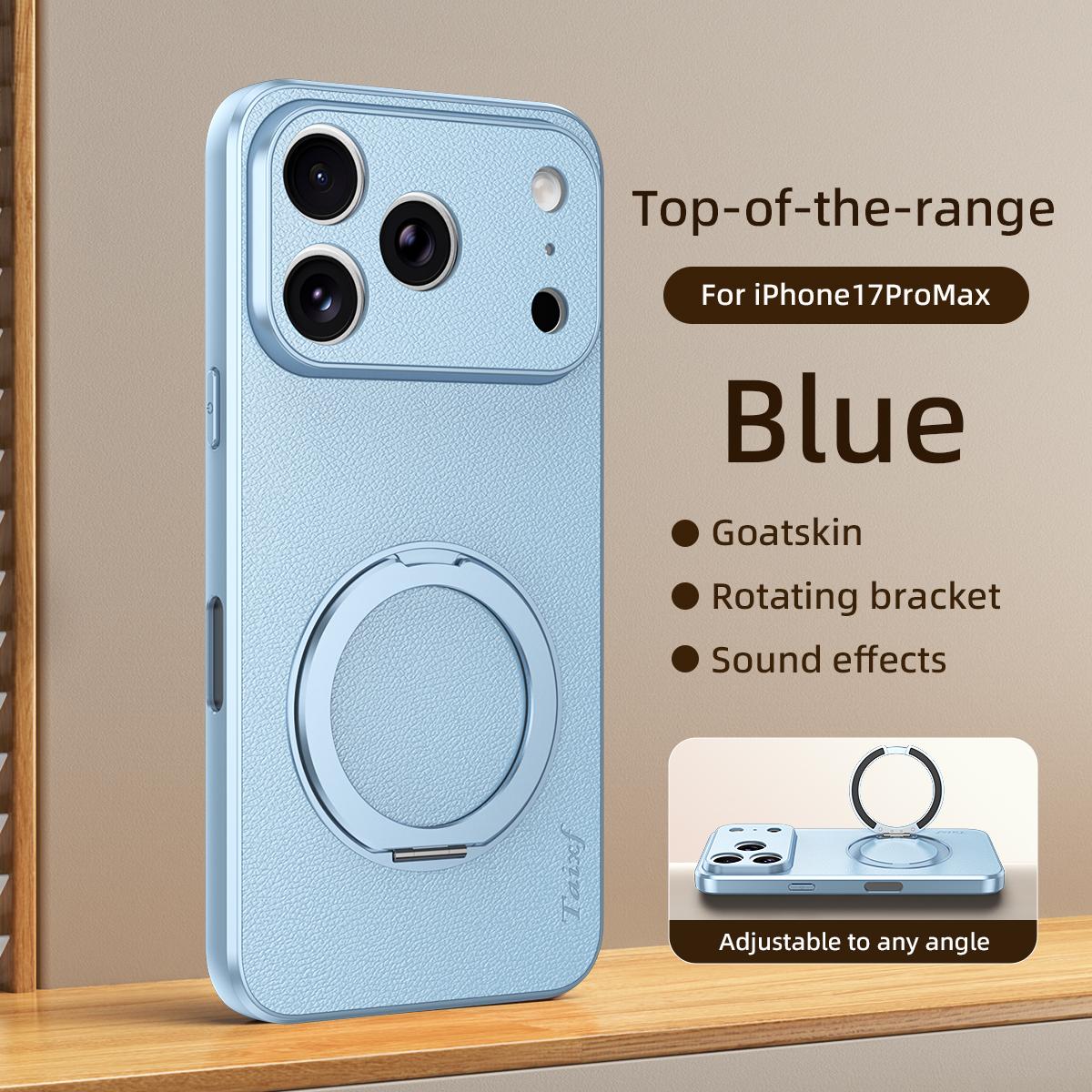 For iPhone 17 Pro Max Goatskin Vegan Leather Magnetic Phone Case  With 360 Degree Rotating Holder - Blue - EDA009834503C