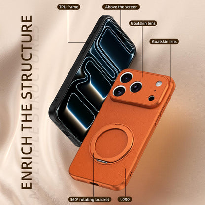 For iPhone 17 Pro Max Goatskin Vegan Leather Magnetic Phone Case  With 360 Degree Rotating Holder - Blue - EDA009834503C
