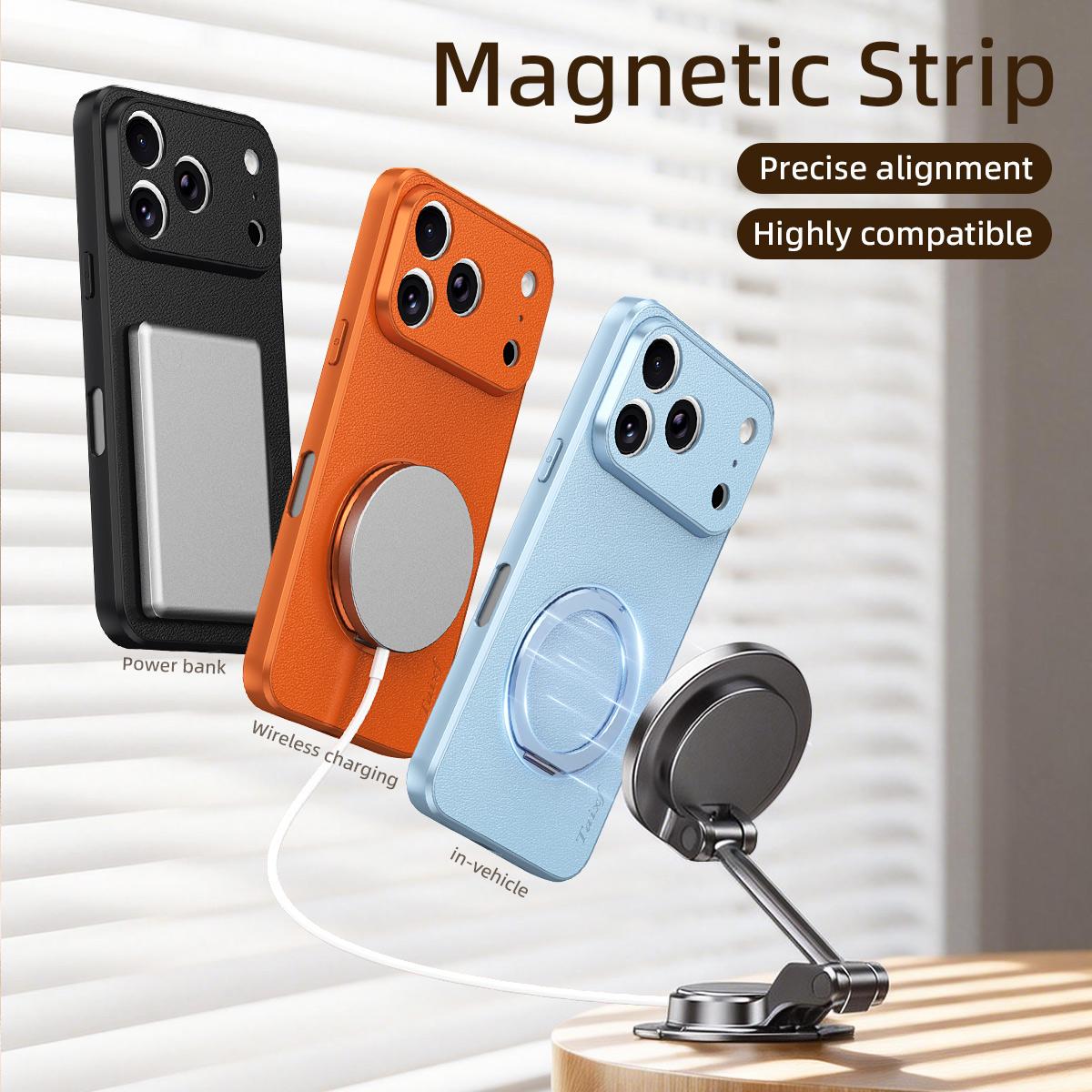 For iPhone 17 Pro Max Goatskin Vegan Leather Magnetic Phone Case  With 360 Degree Rotating Holder - Blue - EDA009834503C