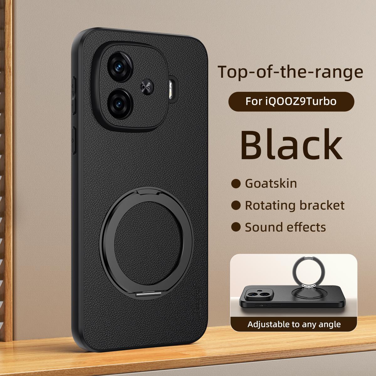 For iQOO Z9 Turbo Goatskin Vegan Leather Magnetic Phone Case With 360 Degree Rotating Holder - Black - EDA009835001B