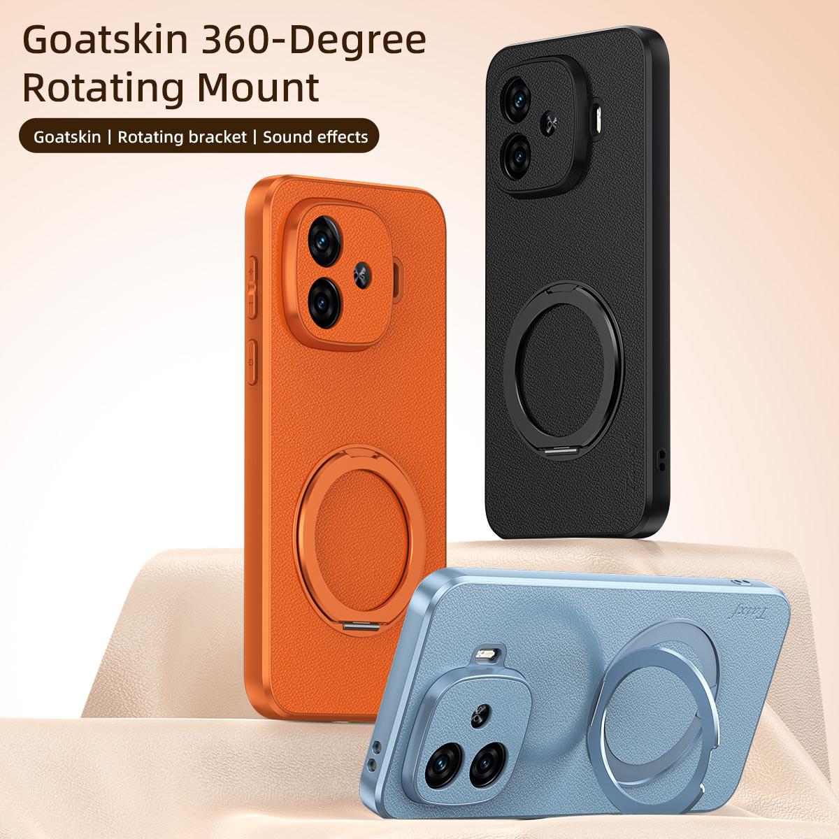 For iQOO Z9 Turbo Goatskin Vegan Leather Magnetic Phone Case With 360 Degree Rotating Holder - Black - EDA009835001B