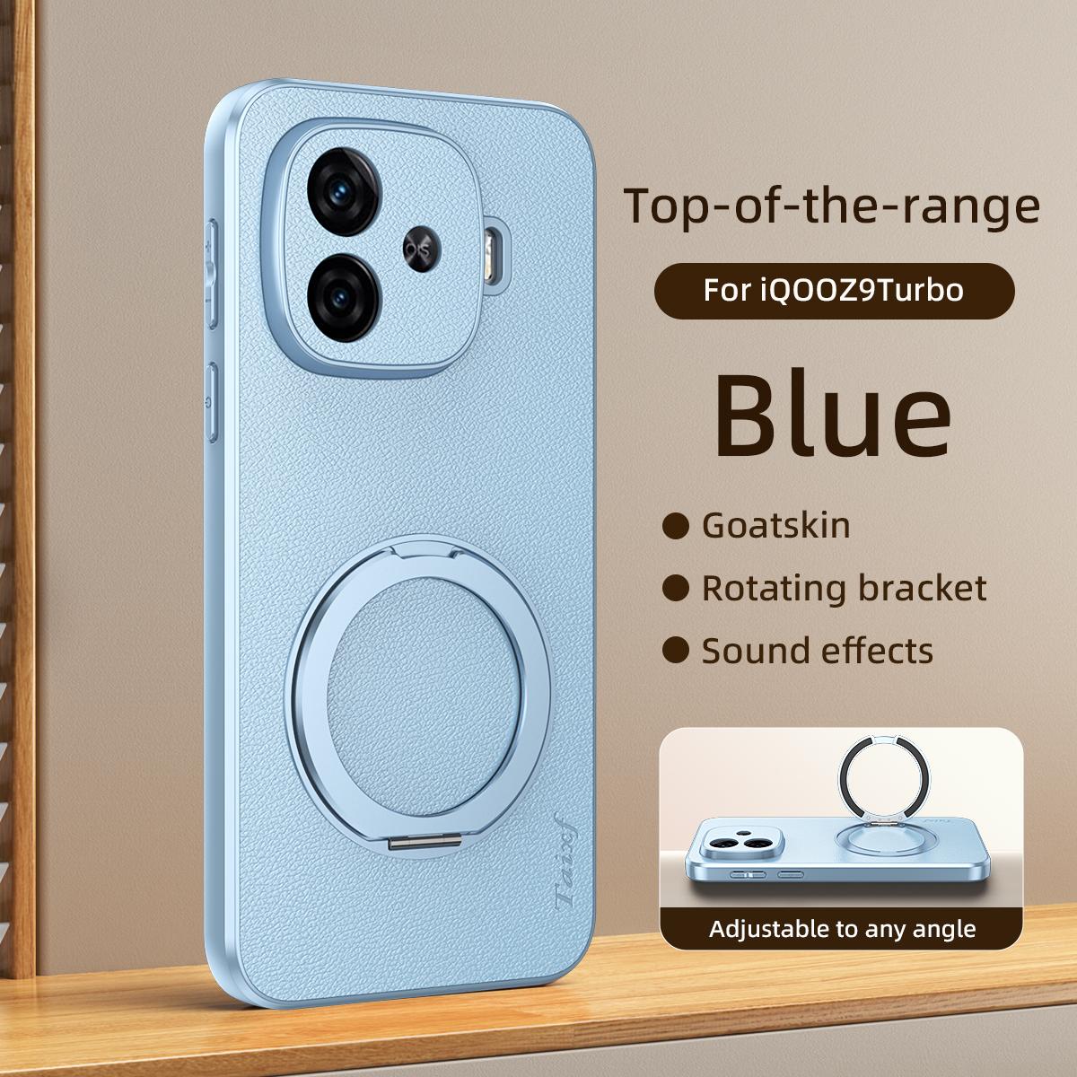 For iQOO Z9 Turbo Goatskin Vegan Leather Magnetic Phone Case With 360 Degree Rotating Holder - Blue - EDA009835001C