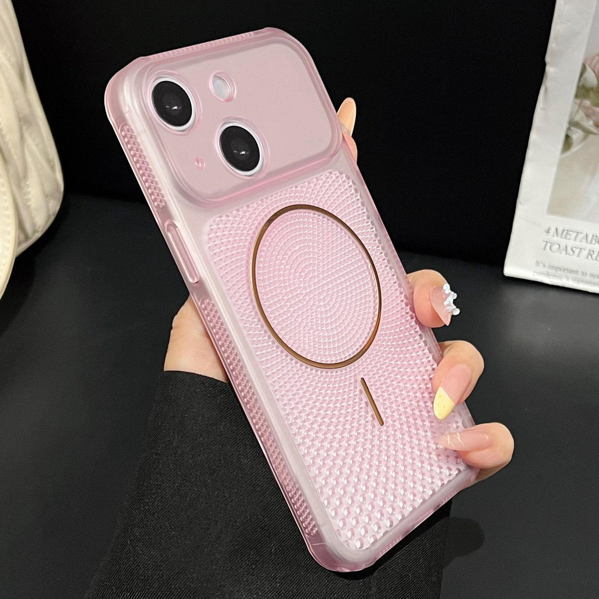 For iPhone 14 Precision-cut Magnetic Ring Heat-Dissipating PC Phone Case - Translucent Pink - EDA009835204B