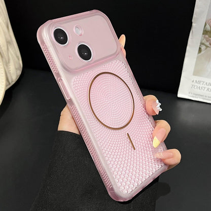 For iPhone 15 Precision-cut Magnetic Ring Heat-Dissipating PC Phone Case - Translucent Pink - EDA009835207B