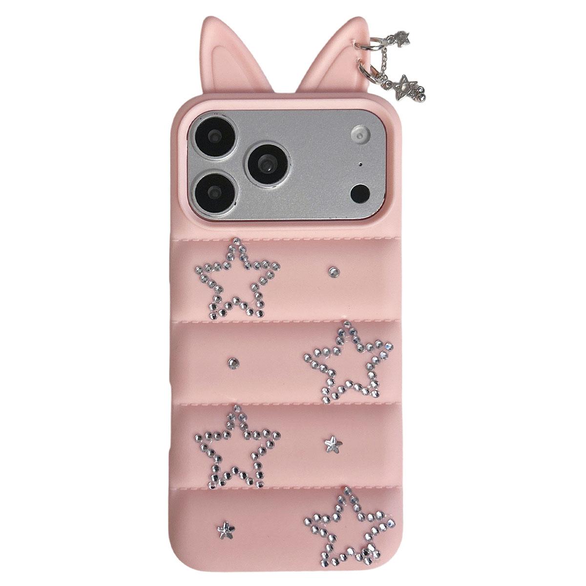 For iPhone 17 Pro Max Star Rhinestone Fox Ears Puffer Jacket TPU Phone Case - Pink - EDA009837401A