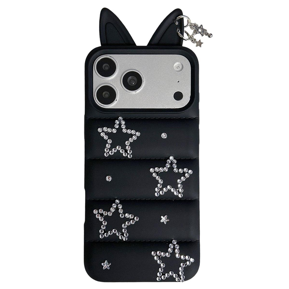 For iPhone 17 Pro Max Star Rhinestone Fox Ears Puffer Jacket TPU Phone Case - Black - EDA009837401B