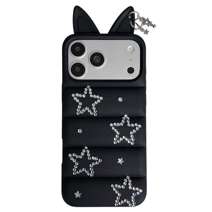 For iPhone 17 Pro Star Rhinestone Fox Ears Puffer Jacket TPU Phone Case - Black - EDA009837402B