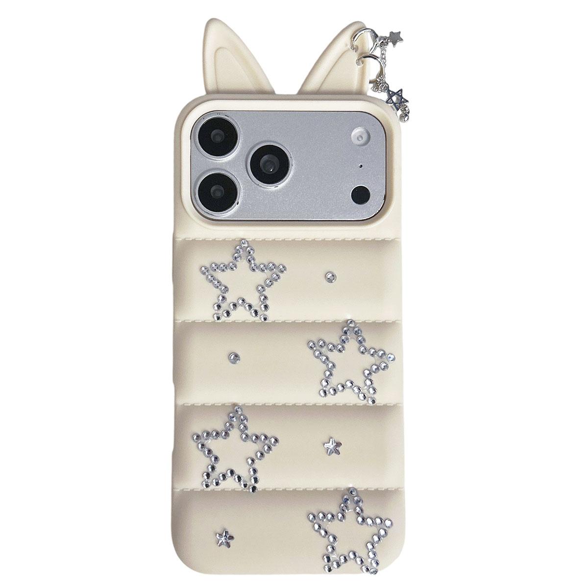 For iPhone 17 Pro Star Rhinestone Fox Ears Puffer Jacket TPU Phone Case - White - EDA009837402C