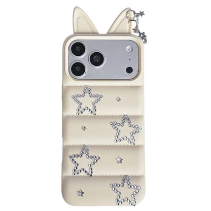 For iPhone 17 Pro Star Rhinestone Fox Ears Puffer Jacket TPU Phone Case - White - EDA009837402C