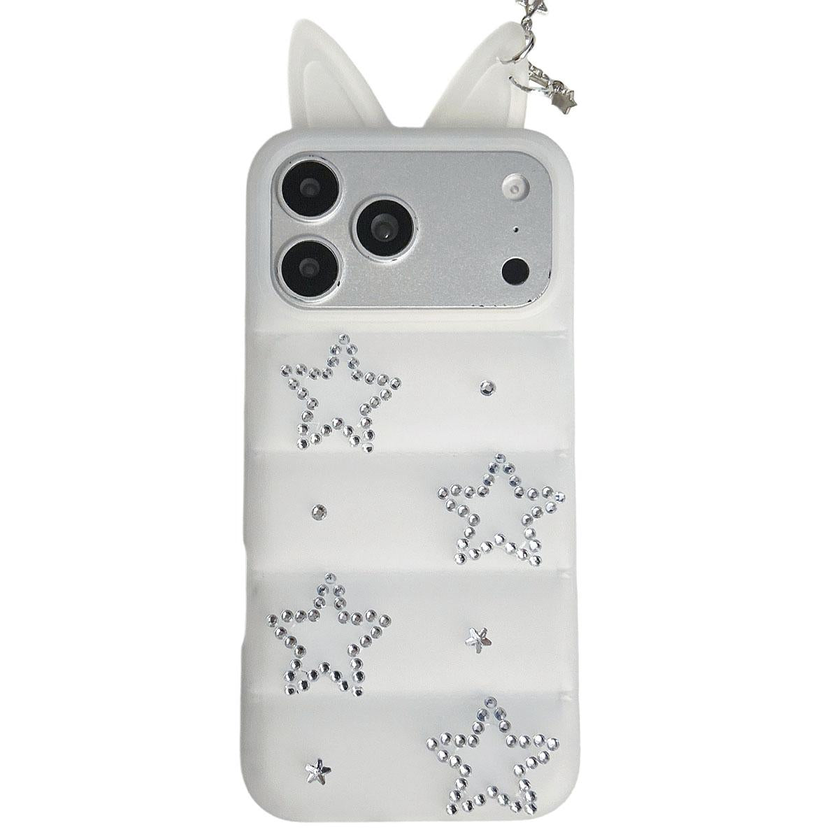 For iPhone 17 Pro Star Rhinestone Fox Ears Puffer Jacket TPU Phone Case - Transparent White - EDA009837402D