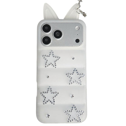 For iPhone 17 Pro Star Rhinestone Fox Ears Puffer Jacket TPU Phone Case - Transparent White - EDA009837402D