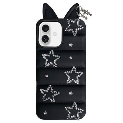 For iPhone 17 Star Rhinestone Fox Ears Puffer Jacket TPU Phone Case - Black - EDA009837403B