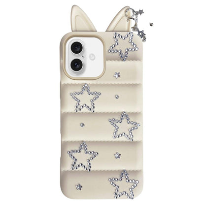 For iPhone 17 Star Rhinestone Fox Ears Puffer Jacket TPU Phone Case - White - EDA009837403C