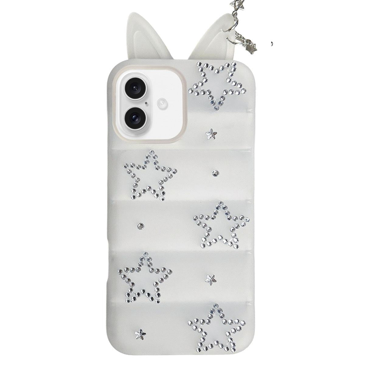 For iPhone 17 Star Rhinestone Fox Ears Puffer Jacket TPU Phone Case - Transparent White - EDA009837403D