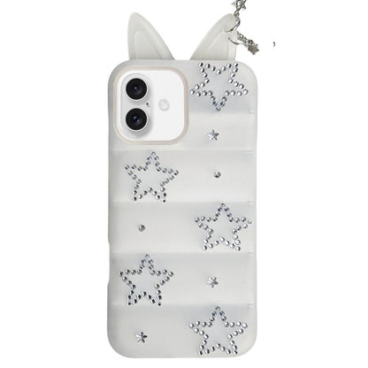 For iPhone 17 Star Rhinestone Fox Ears Puffer Jacket TPU Phone Case - Transparent White - EDA009837403D